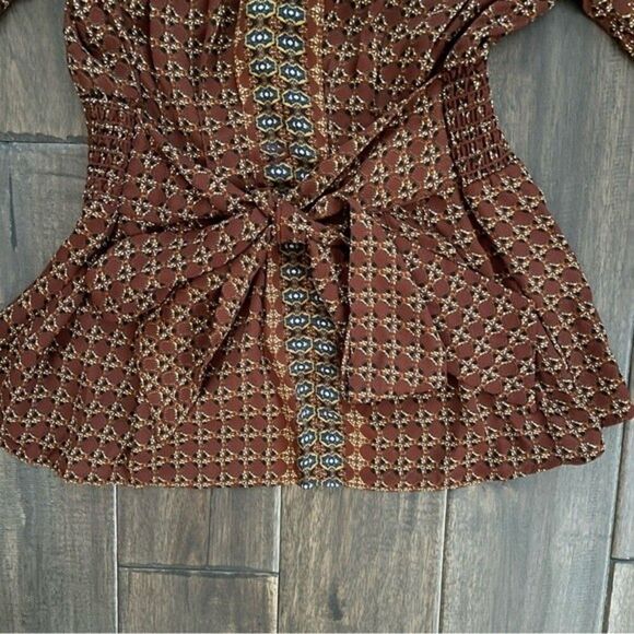 Max Studio Brown V Neck Long Sleeve Boho Tie Waist Blouse S NWT - Picture 2 of 6